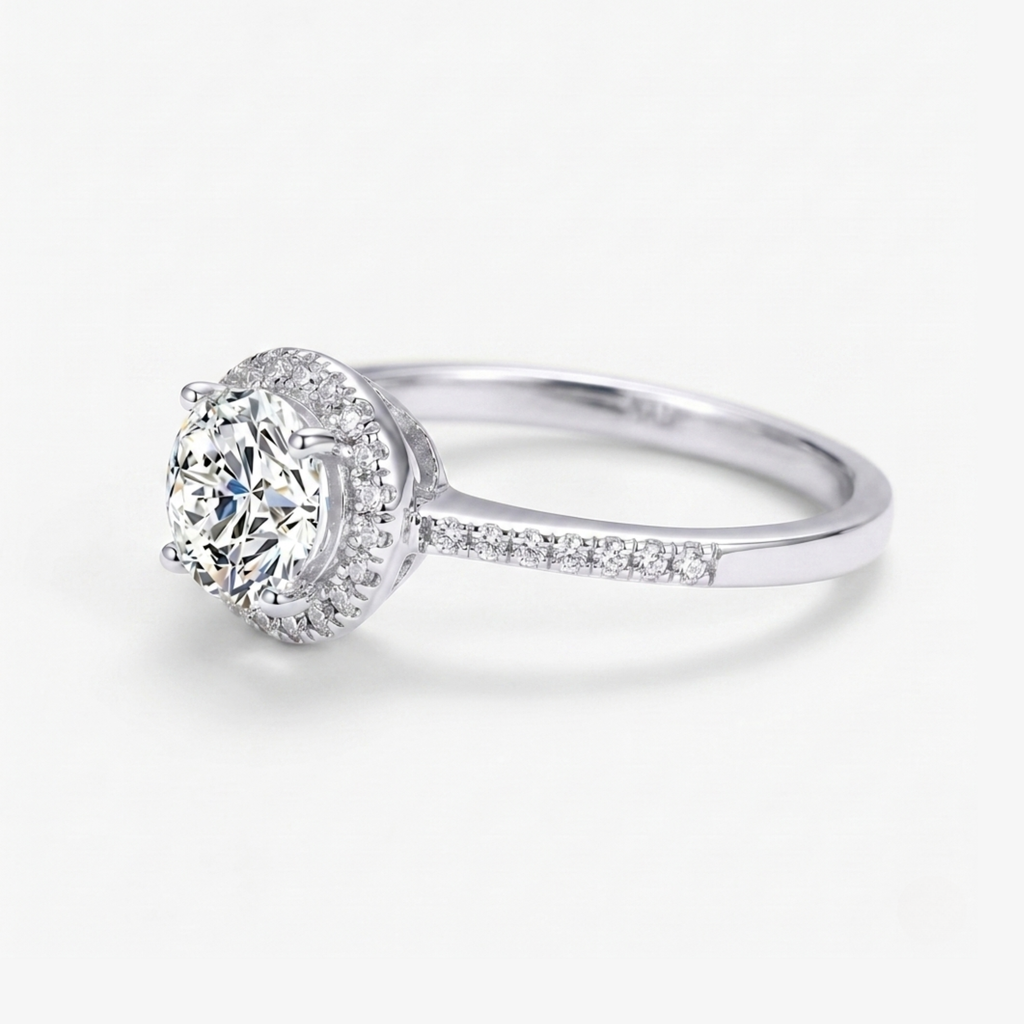 Halo Round Brilliant Moissanite Ring with Side Stones