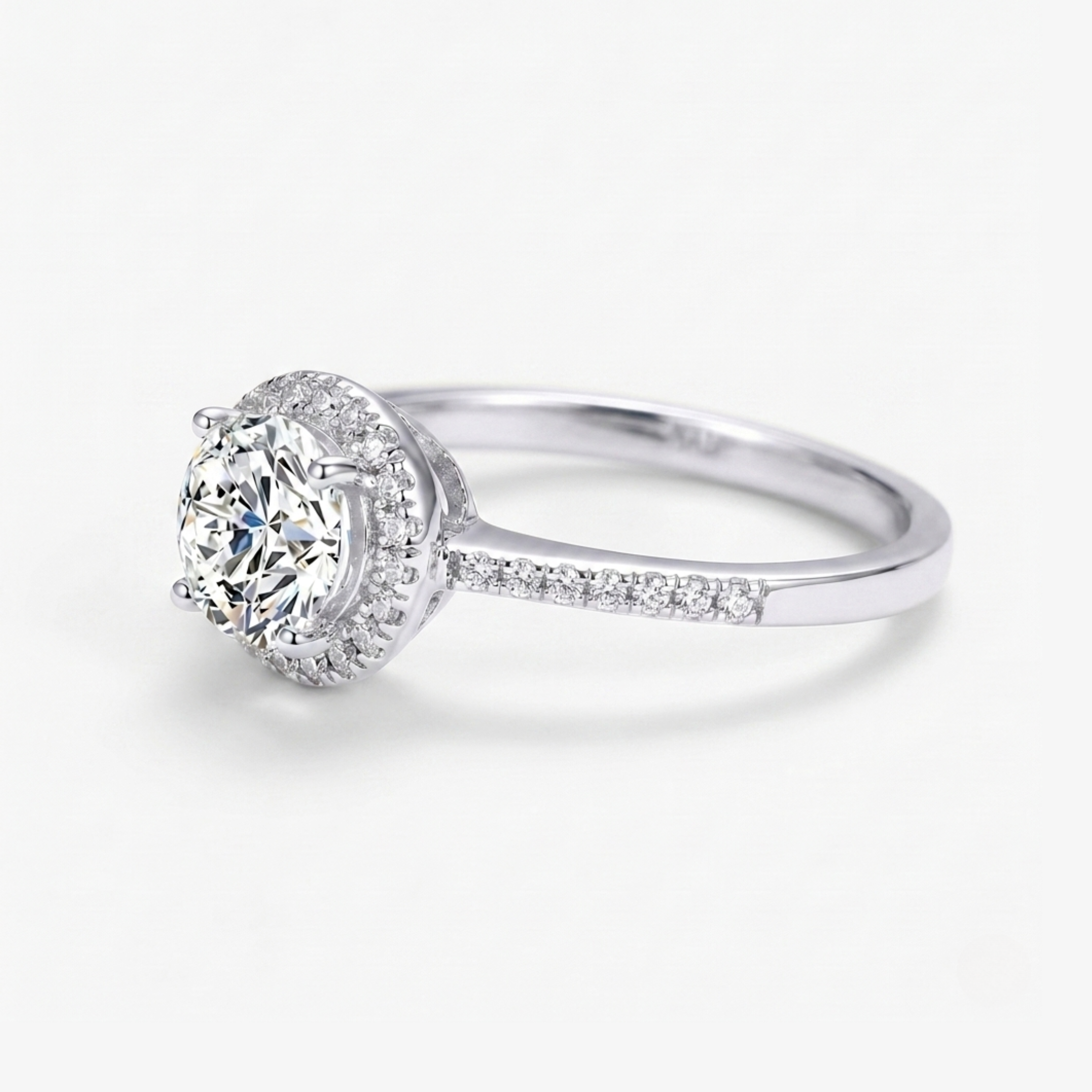 Halo Round Brilliant Moissanite Ring with Side Stones