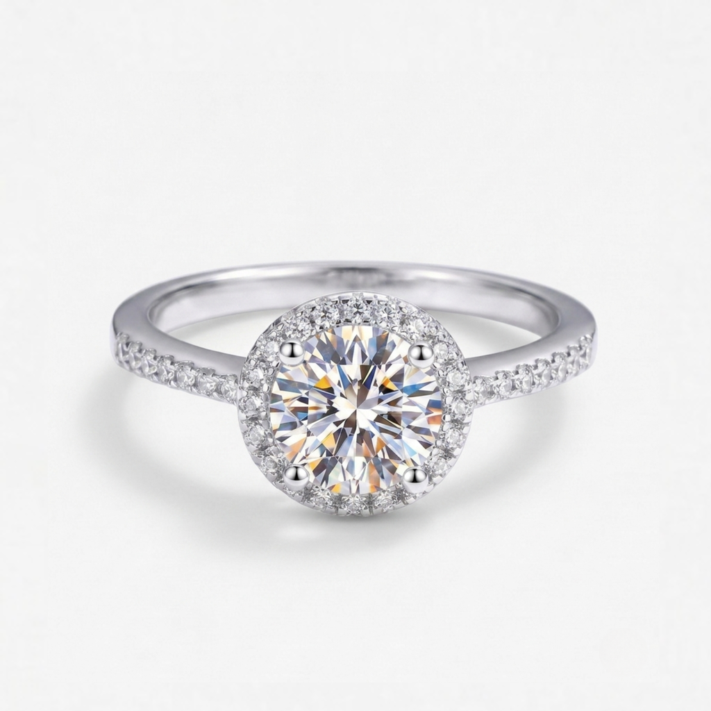 Halo Round Brilliant Moissanite Ring with Side Stones