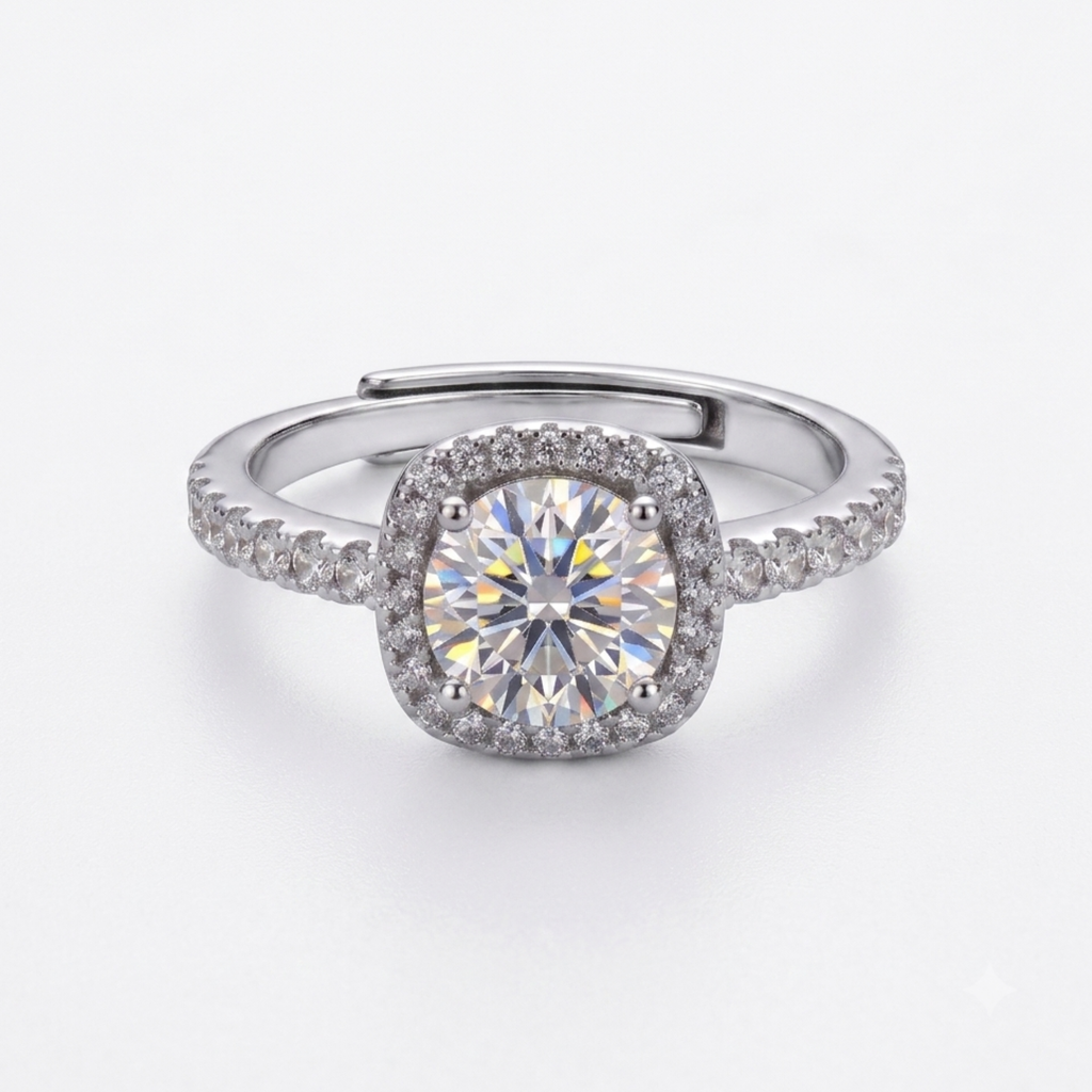 1CT Moissanite Smart Square Halo Ring Round Center