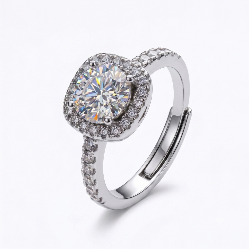 1CT Moissanite Smart Square Halo Ring Round Center